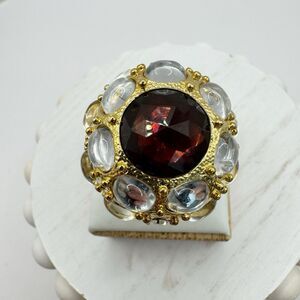 Huge Domed Cocktail Ring Faux Garnet With Clear Cabochons HSN QVC Size 6.5